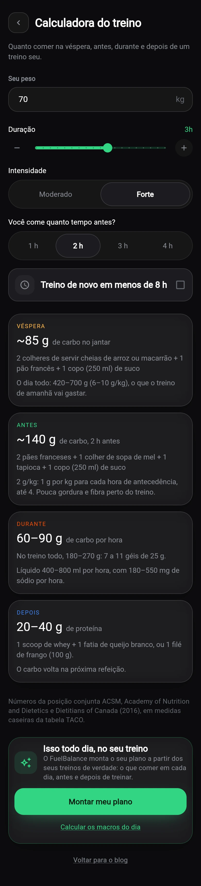 A calculadora do treino no celular, rolando dos dados do treino até os resultados.